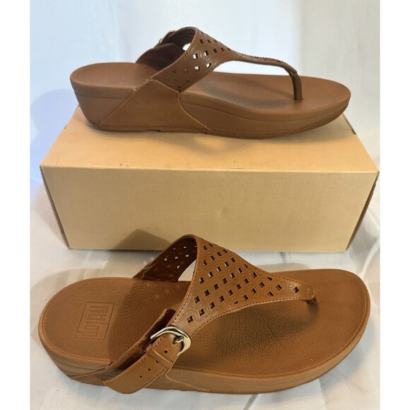 FitFlop Women's 9 The Skinny Lattice Brown Leather Sandals Buckle Flip Flops - Picture 3 of 10